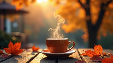 Steaming Orange Cup Autumn Leaves Warmth fall