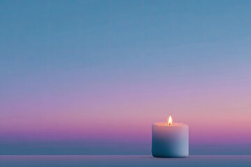 Single white candle flame against a serene, gradient sunset sky