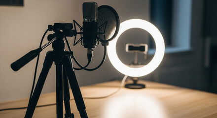 A close up shot of a microphone on a tripod with a ring light in the background on a table top