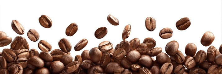 Coffee beans falling from a pile, against a white background
