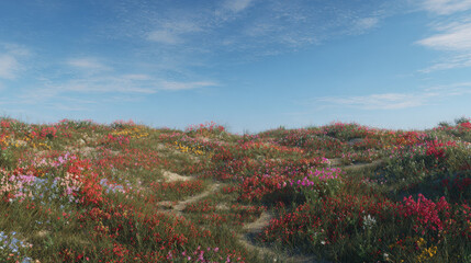 colorful wildflowers carpeting abandoned battlefield trench serene dawn sky nature reclaiming panoramic view illustration concept scene visual for commercial design use high detail quality stock image