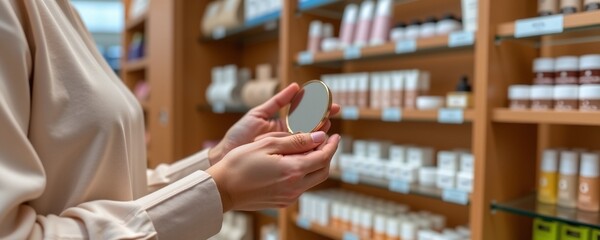 Obraz premium Closeup Hands Holding Mirror Skincare Store