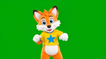 Happy Cartoon Fox Mascot Dancing - A cheerful cartoon fox mascot with a yellow shirt and blue star dances with arms raised against a green screen background. - Powered by Adobe