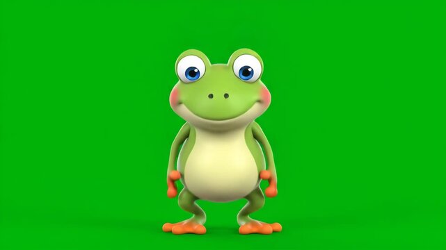 Joyful Cartoon Frog Mascot Spinning - A cheerful green cartoon frog mascot joyfully spins and jumps against a chroma key green screen background.