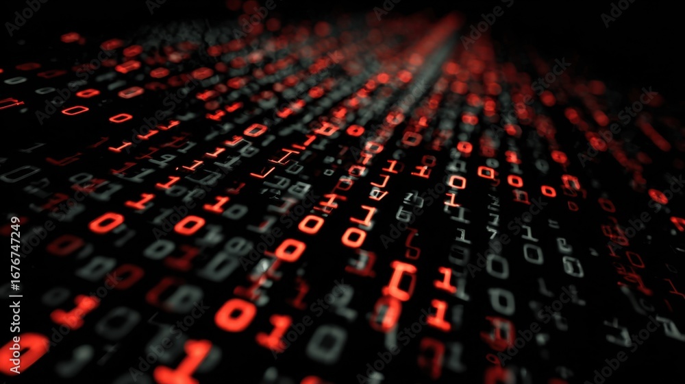 Poster abstract digital background with red and black binary code flowing in technological concept