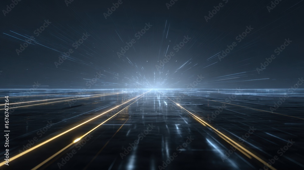Poster dynamic light pathway with glowing lines and futuristic beam effects in dark environment