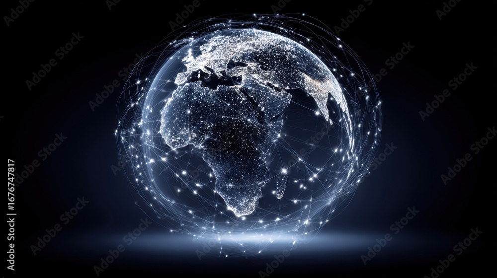 Poster digital representation of earth with glowing connections illustrating the concept of global networki