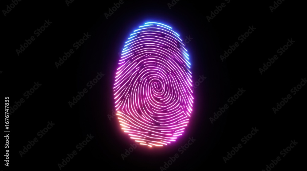 Poster vibrant neon fingerprint design with colorful twists and abstract patterns for technology or securit