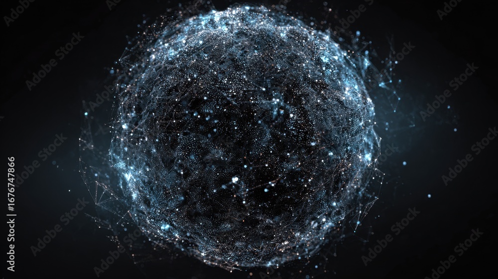 Poster abstract representation of a glowing digital sphere with stars and particles in a dark background