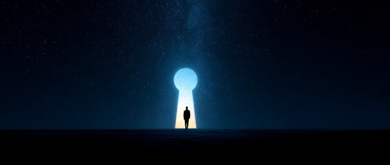 Silhouette of a person standing before a glowing keyhole in the dark