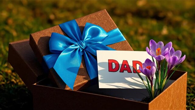 Father's Day gift box with a blue ribbon, greeting card for Dad, and fresh purple crocus flowers sitting outside on the grass in the sun.