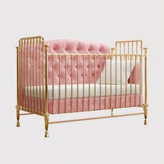 Gold-toned crib with tufted pink upholstery