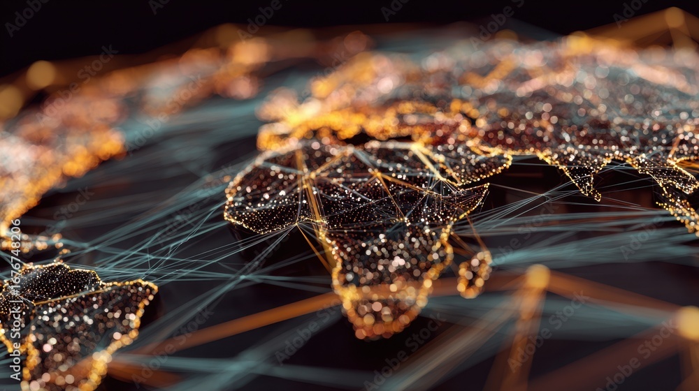 Poster abstract digital world map with network connections and glowing points over dark background