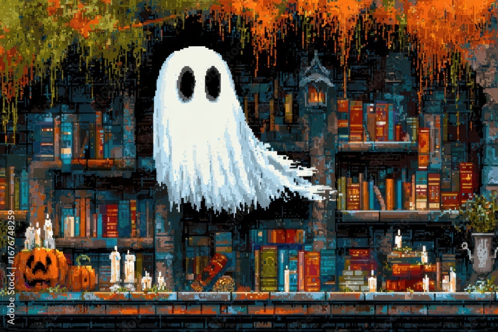 Poster this stock image features a spooky pixel art of a ghost in a library, with floating books in the bac