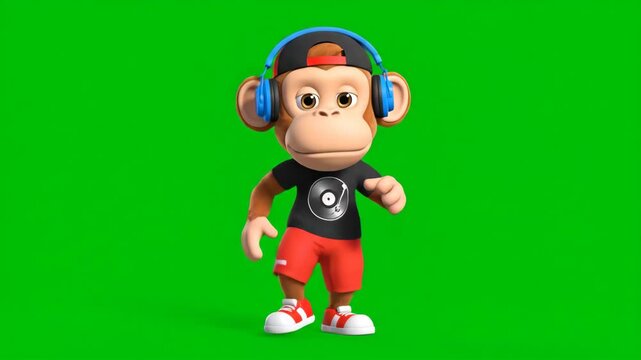 Funky Monkey DJ Dancing Green Screen - A cheerful cartoon monkey mascot, dressed in DJ attire complete with headphones, dances against a vibrant green screen background.