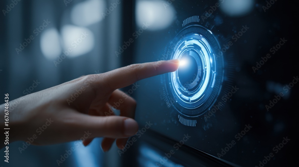 Poster futuristic digital interface with hand touching interactive technology screen