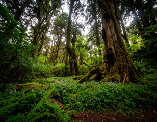 Lush Rainforest Canopy with Ancient Trees and Mossy Ground Cover.