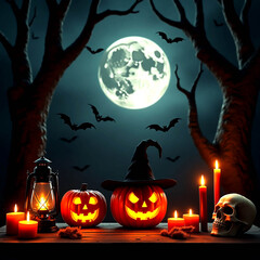 Fototapeta premium Spooky Halloween night scene with glowing pumpkins, bats, full moon, and candlelight glow for seasonal designs