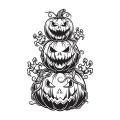 Stacked Scary Jack-o'-Lanterns with Spooky Hands Silhouette - Halloween Pumpkins