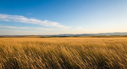 Obraz premium Golden Wheat Field Under Blue Sky Landscape.