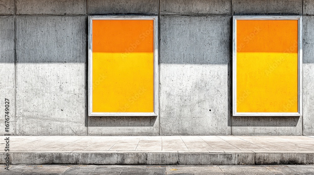 Poster abstract urban wall with two empty frames and bright orange backgrounds, showcasing modern design an