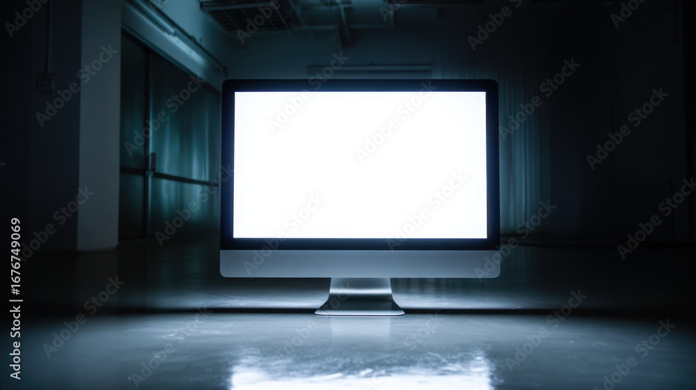 Aufkleber blank screen computer monitor in dark room with reflections on surface for minimalist design and tec