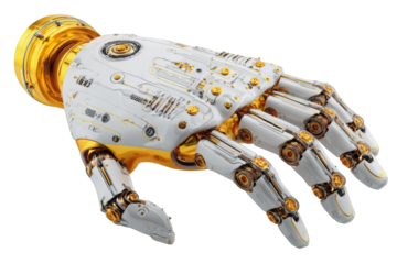 A detailed, robotic hand, white and gold
