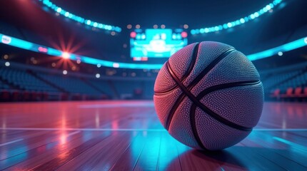 Obraz premium Basketball on court with stadium lights arena