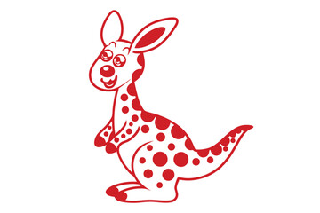 Cartoon Red Kangaroo, Smiling Face, Circles Pattern, Standing on White Background