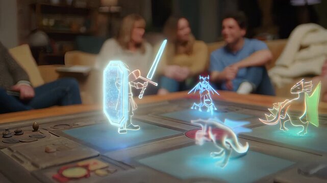 Family playing augmented reality board game with hologram characters