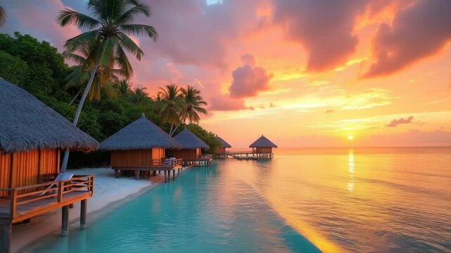 Panoramic view of remote Polynesian beach bungalows at sunset, wooden huts perched on white sand fringe beside turquoise lagoon and palm silhouettes against fiery sky. Ideal for honeymoon