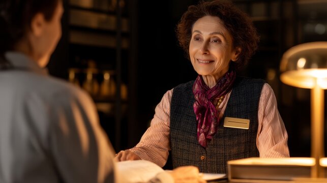 Cozy Travel Agency: Smiling Agent Booking Trip for Couple in Cinematic Lighting Office