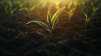 A young corn plant seedling growing in a field with sunlight shining on the leaves and dark soil around it