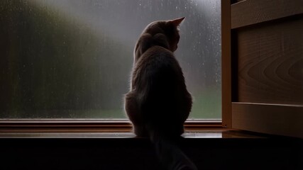 Gray cat observing rain through window