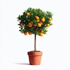 Naklejka premium A small orange tree in a terracotta pot. Fresh fruit, healthy foliage, isolated on white