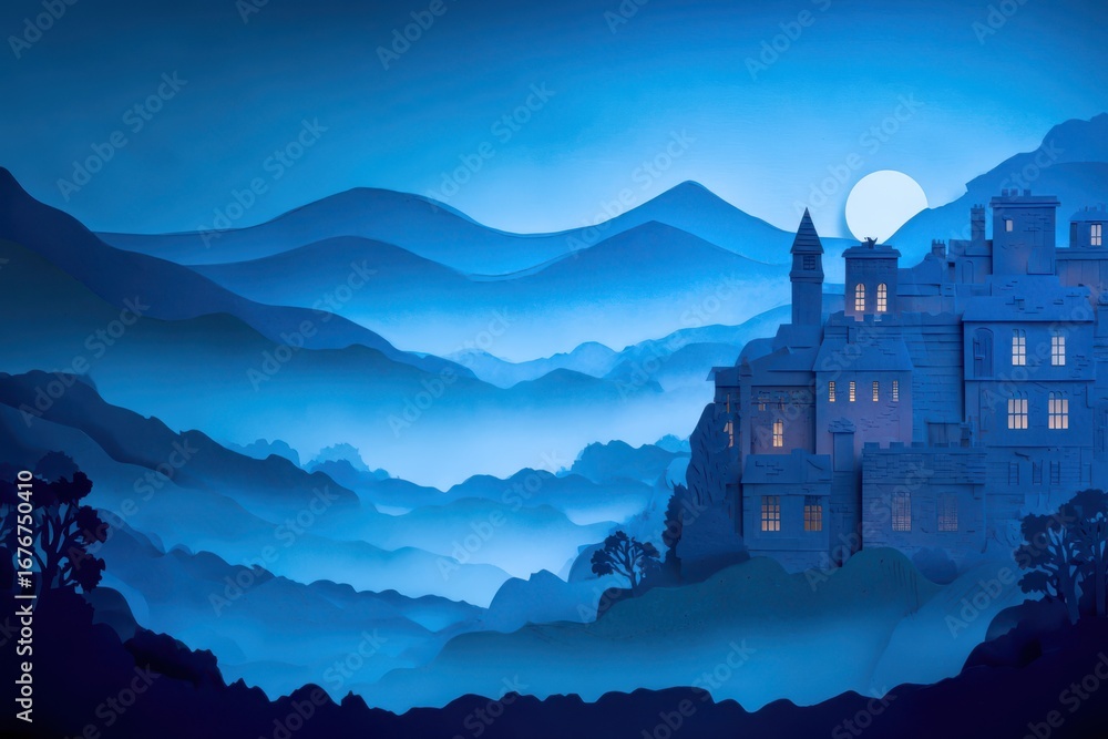 Poster a mysterious silhouette of a haunted castle standing tall in the mountains, surrounded by a layer of