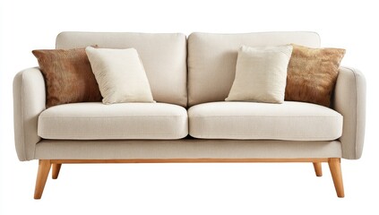 Fototapeta premium Light beige couch with tan and cream pillows