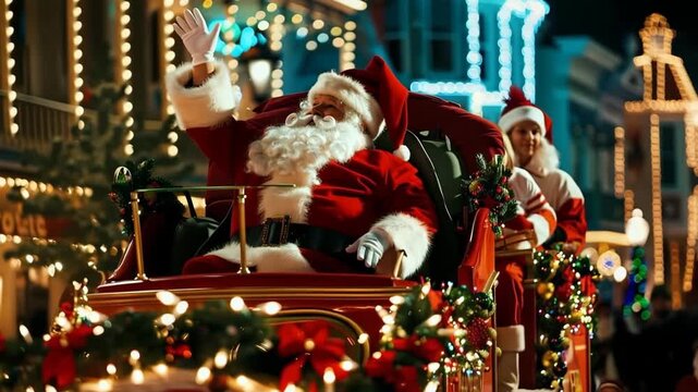 Santa Claus waves in a Christmas parade with lights and decorations