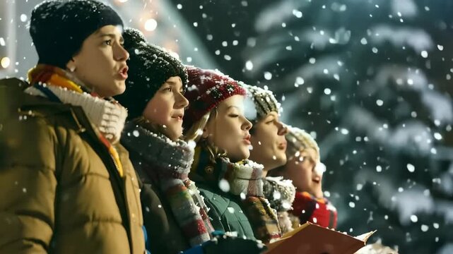 A group of children singing Christmas carols in the falling snow under the night sky