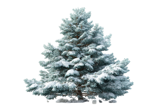 Snowy evergreen tree against black background
