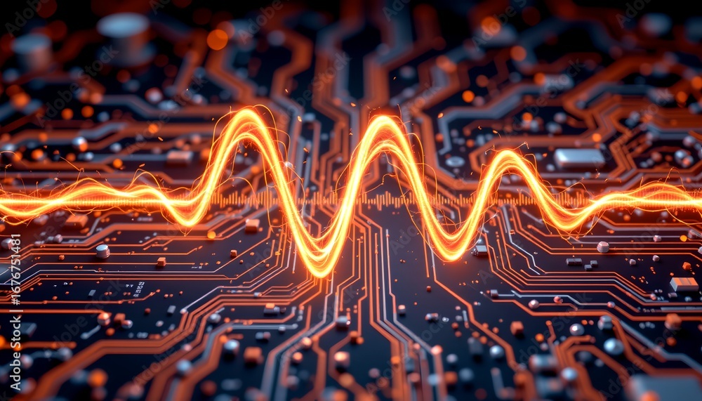 Poster a circuit board with a waveform. the waveform is glowing, showing data flow, and the circuit board i