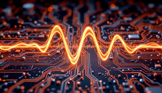 A circuit board with a waveform. The waveform is glowing, showing data flow, and the circuit board is dark with lines.