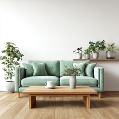 Modern living room, light teal sofa, wooden accents
