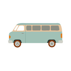 Retro Travel Van or Minibus Vector in Vintage Style - Road Trip Transport