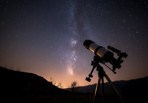 Telescope observing the milky way galaxy under a starry night sky