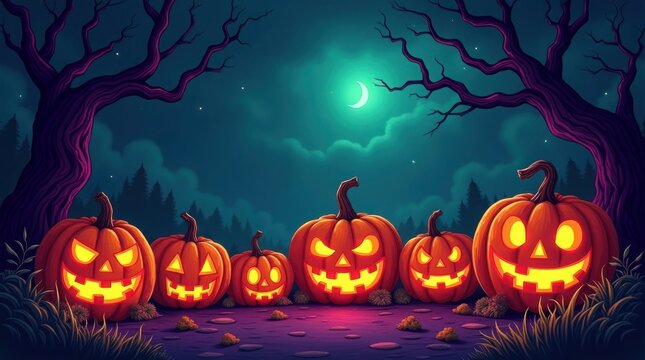 Glowing jack o lanterns under a crescent moon halloween pumpkins