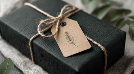 Dark gift box tied with twine, tag