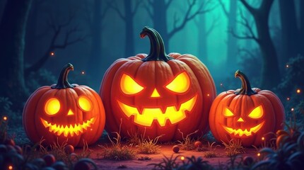 Obraz premium Glowing jackolanterns in spooky forest halloween pumpkins
