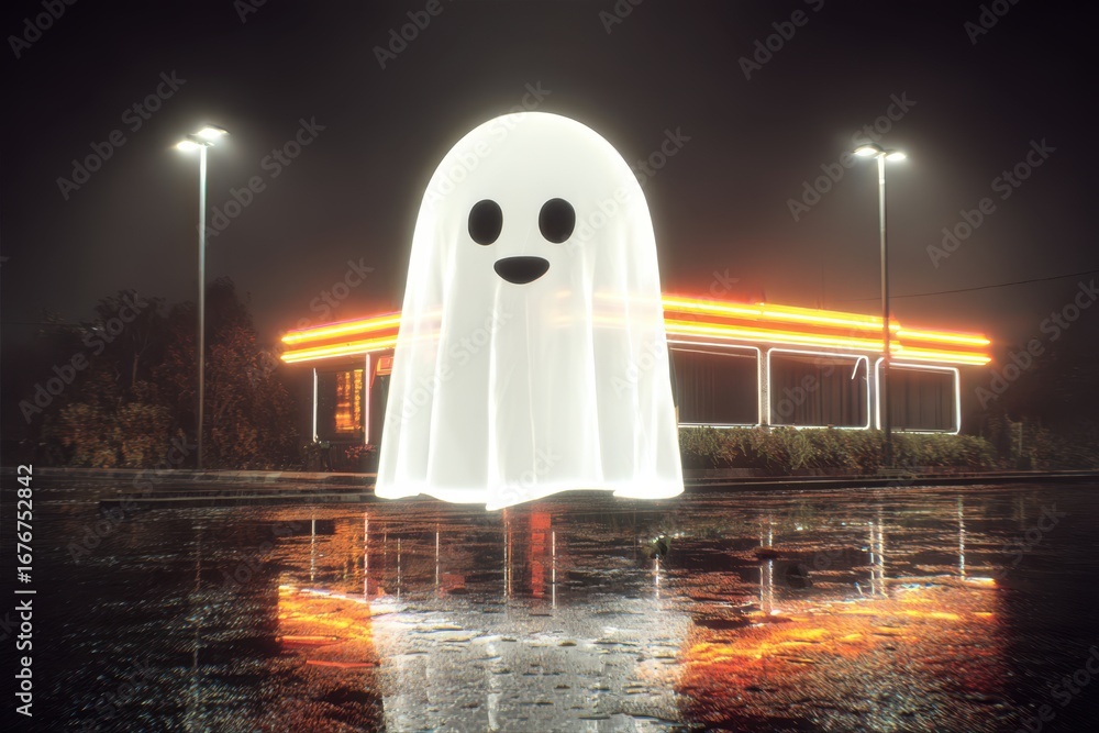 Poster A ghostly statue reflecting in a puddle, creating a spooky and mysterious atmosphere.