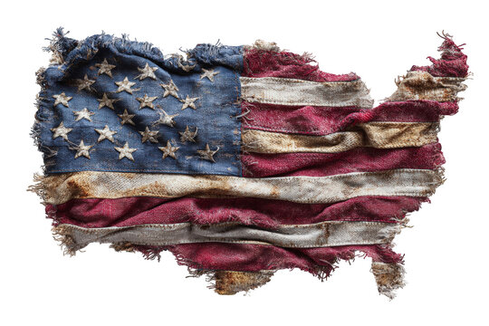 Worn American flag shaped like the USA - Powered by Adobe